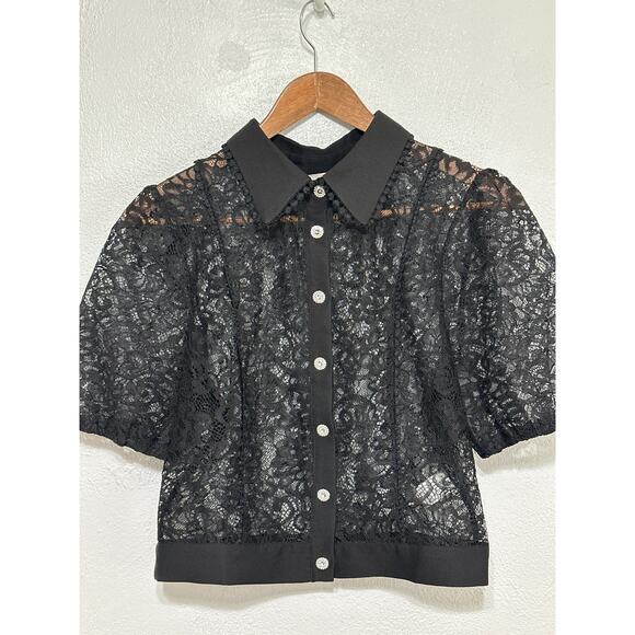 Romantic Sheer Lace ButtonUp Top L Black Rhinestone Buttons Wednesday Adams Goth - Picture 1 of 14
